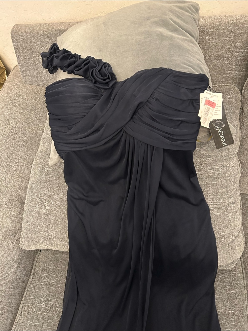 Betsy & Adam Navy One-Shoulder Ruched Evening Gown
